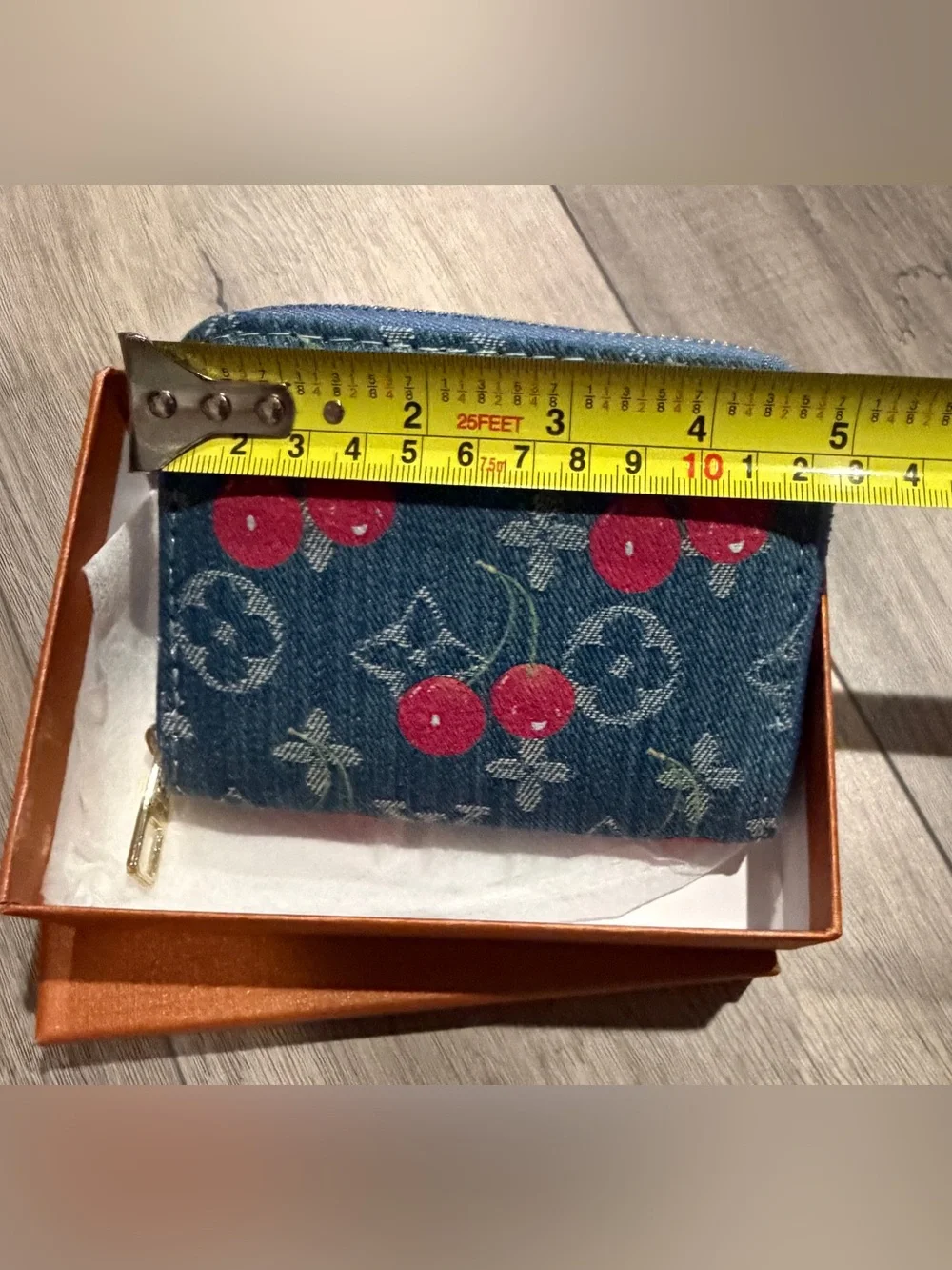 Cherry Print Denim Zip Wallet